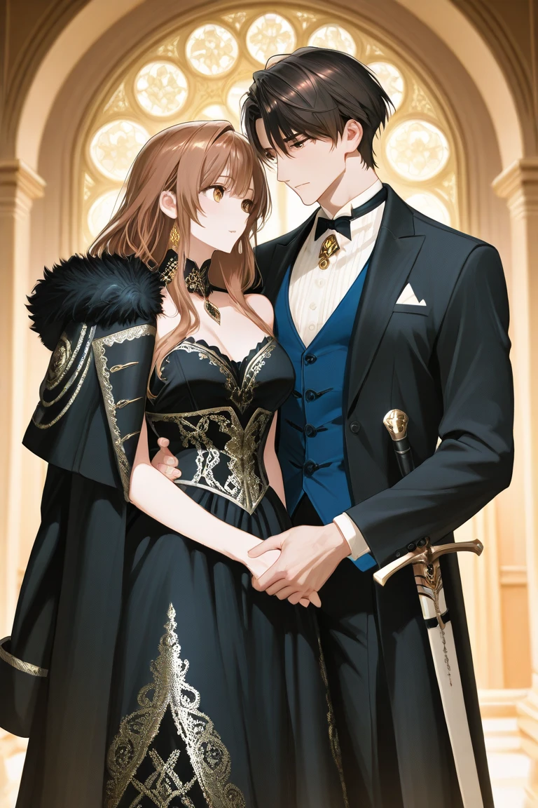 ((Highest quality)), ((masterpiece)), (detailed), （Perfect Face）、The woman is Princess Leona, with long light brown hair and a gorgeous, sexy and seductive black wedding dress with a gorgeous black wedding veil and gorgeous jewelry accessories.、In a luxurious church wedding hall, a woman is getting married, embracing the arm of a dignified and powerful middle-aged evil emperor dressed in a luxurious black outfit.、The woman has long hair