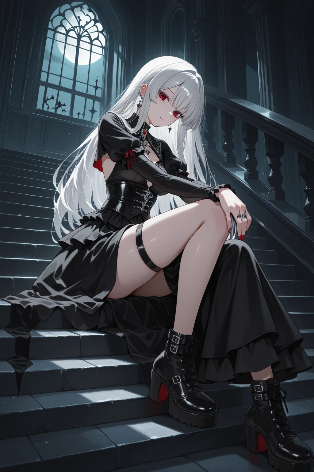 Girl, 20 years old, with long white hair down to below her waist, a serious yet tender expression, and red eyes. Her hair features black streaks. She wears antique-style clothing, a long black dress with a slit on the legs, and high black boots that almost reach her knees. Her power and background are related to shadows and darkness. dark escense, figth stance