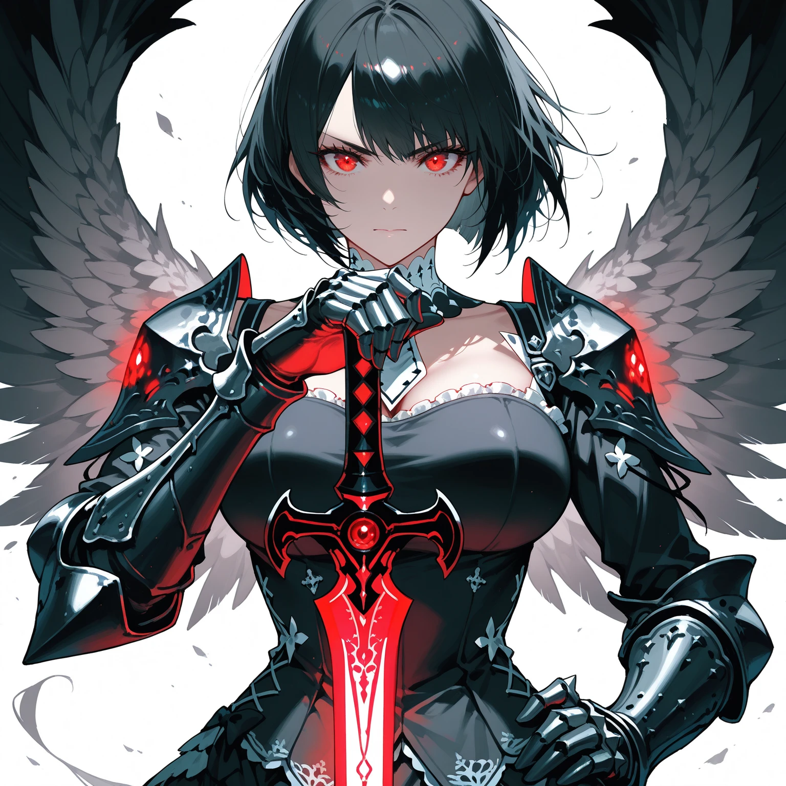 Female angel with large armor wings and dark mask