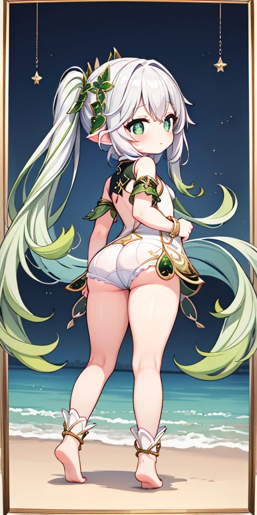 (masterpiece), delicate, extremely detailed, (watercolor), blooming, illustration, (Bottom Up), (1girl:1.4), (solo:1.2), beautiful eyes, (fluffy hair), photography, Studio Quality, Fisheye Lens, (best quality, glowing light, blushed, smile, glistening, shiny skin, ultra detailed) ,(lewd lace underware, steepen, from behind), sexy, (detailed background, space background), nahida, genshin impact, blushed, (perfect face, detailed face, detailed eyes,perfect hands,perfect fingers), cowboy shot, ((8k wallpaper))