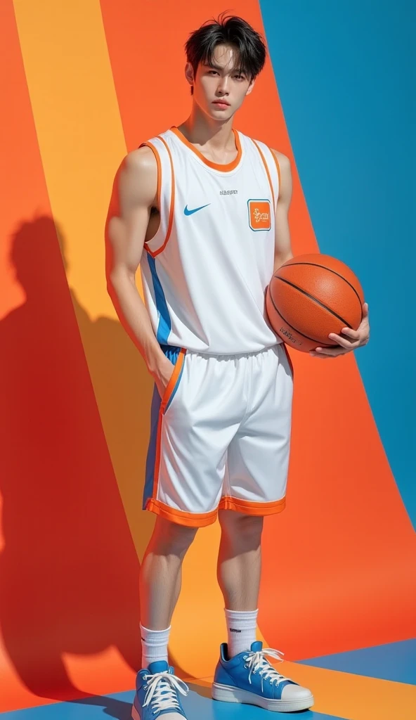 A handsome boy playing basket ball in a hall with charming and cute pose, anime style, intricated detailed, very detailed, uktra HD res, 8k, wallpaper