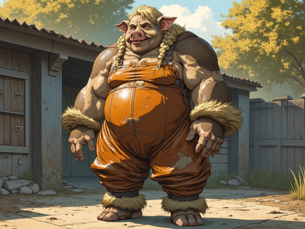 A male chubby muscular anthropomorphic cow a wearing a sleavless tunic, boots, and gloves, in a forest