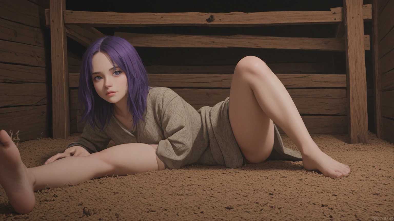 (8k), (highest quality), (Best details)night、Cute French girl sleeping soundly in a tent in heavy rain、Completely naked、Tattoo、Purple Hair、Green Eyes、lamp、Holding a stuffed bear、Nipples、Nipples、Pussy、Spread your legs