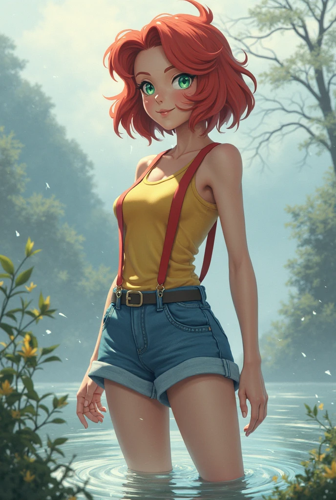 (Masterpiece), Best Quality, ultra-detailed, 1girl (Gwendolyn_Tennyson, lovely small breasts, naked body, orange hair, short hair, green eyes, half-closed eyes), a face in love, smile, parted lips, solo, yellow tank_top, covered nipples,bare one shoulder, navel, joch, denim shorts, in the  forest, sitting, rock, crossed_legs, from_below, Sexy waist teasing, 
