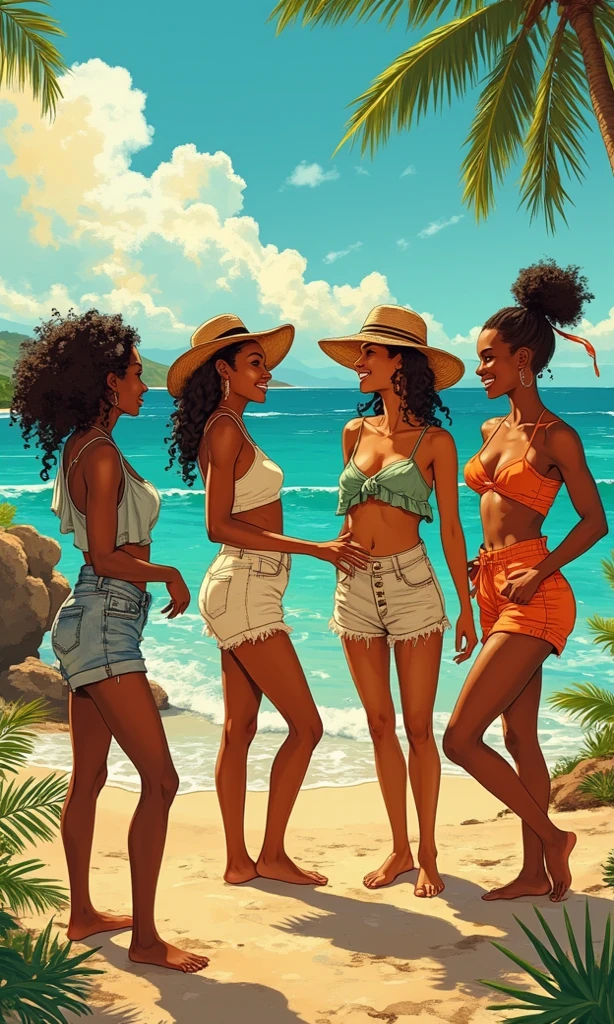 Create an image of 3 young Black women in designer beachwear, enjoying a walk along a serene beach with girls trip vibe. Feature a tree with a swing..The ocean features stunning turquoise blue water with some rocks and picturesque trees on the horizon. An island is also visible in the distance, adding to the idyllic and scenic atmosphere.