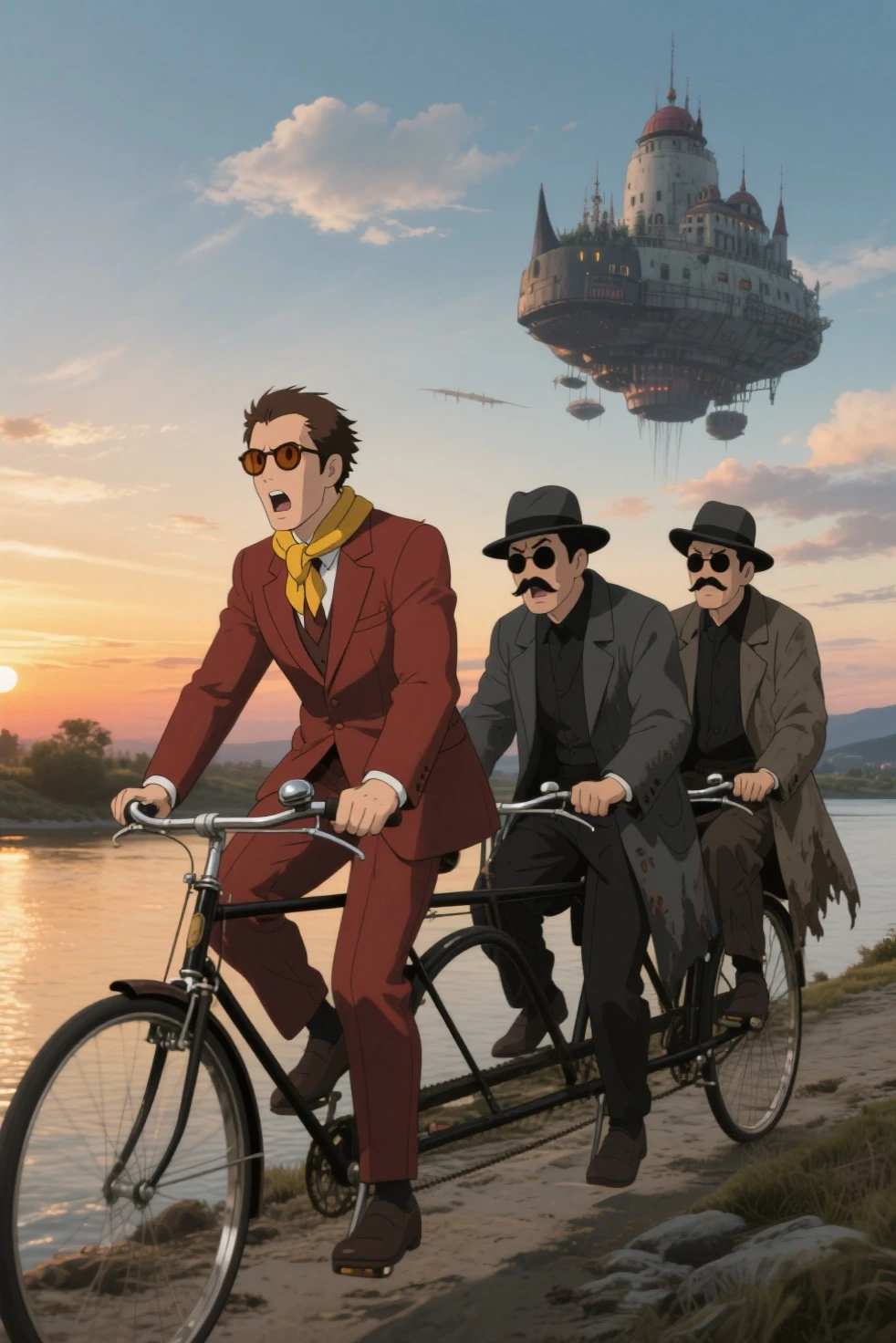 (masterpiece, ultra detail, 8k resolution, cinematic composition ,realistic),3 men. The first man is Colonel Muska from Laputa, a man in his 20s with a slightly receding hairline and midium hair, wearing a reddish-brown two-button suit and a yellow, aristocratic-style scarf instead of a tie. He has brown-tinted glasses. The second and third men are Colonel Muska's henchmen, wearing dark gray hats and round black sunglasses, dark gray coats, and mustaches, ((Muska and his two henchmen are riding a longtandem bicycle,with Muska in the front seat, the first henchman in the middle, and the second henchman in the rear.)) All three are standing and pedaling the bicycle, looking ragged cloths. Muska is shouting angrily, and the henchmen look troubled. The setting is on the bank of a Japanese riverbed at sunset. The angle is from the side, capturing all three figures on the tandem bicycle as they ride along the bank. The background is the sunset sky and there are a floating  sky catsle laputa, with the characters slightly backlit. Masterpiece, best quality.
