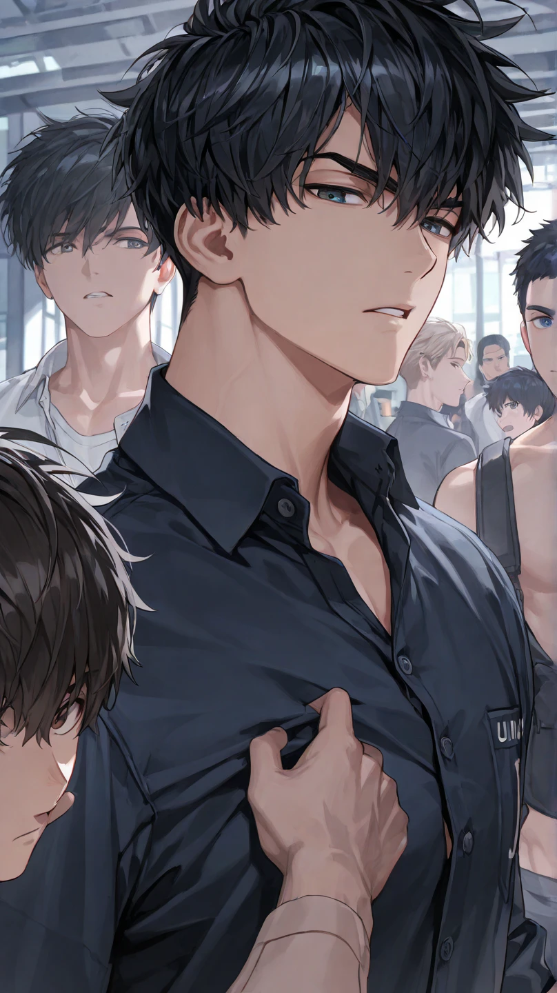 Handsome Men、、Japanese、Slim body、Mash Hair、Completely naked、Full nudity、Back view、Face turned to the side、Surrounded by schoolgirls in uniform