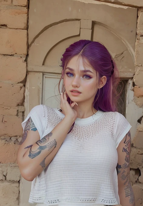 <lora:bh4d_bh4bie:1>, bh4d bh4bie, 1girl, solo, long hair, breasts, looking at viewer, large breasts, brown hair, shirt, cleavage, brown eyes, jewelry, upper body, ponytail, red hair, curls, earrings, dark skin, dark-skinned female, lips, clothing cutout, cleavage cutout, hoop earrings, realistic, nose, bh4d bh4bie, 1girl, solo, long hair, dress, jewelry, pink hair, bracelet, tattoo, makeup, microphone, realistic, arm tattoo, shoulder tattoo, graffiti