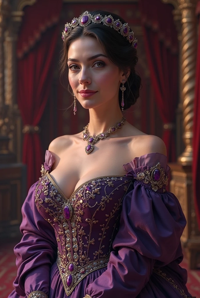 (realistic:1.3), finely detailed, quality, rembrandt lighting, (masterpiece:1.2), (photorealistic:1.2), (best quality), (detailed skin:1.3), (intricate details), dramatic, ray tracing, 1girl, french girl, 21 years old, detailed skin texture, (blush:0.5), (goosebumps:0.5), subsurface scattering, smiling, medium breasts, very deep cleavage , ((deep cleavage)), braided hair ring, hair loops, hair between eyes, hair ornaments, necklace, jewelry, ballgown, wearing a ballgown, purple dress, gold embroidery, ((purple dress with gold embroidery)), puffy sleeves, short sleeves, full body, (bright sunny day),