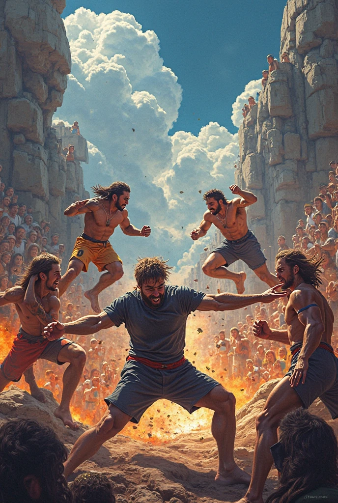 there is a painting of a man with a beard and a beardless face, epic biblical depiction, painting of goliath, david and goliath, bible illustration, ancient blacksmith god, by Kristian Kreković, tribe members attacking, epic scene of zeus, rob rey, by José Malhoa, sermon of philistine greed, by Francisco Zúñiga --auto