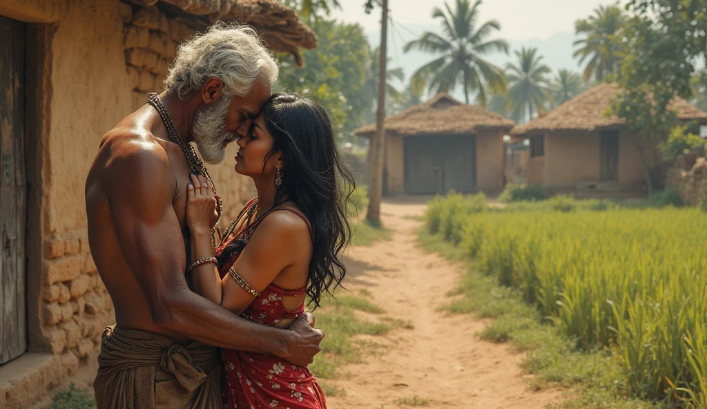 Photo of Voluptuous Indian Mature Aunty with dusky skin, Wearing low cut Sari blouse showing large U Cut Cleavage, Standing outside a Mud hut and Kissing a Old Farmer. Wet in rain, Hair tied behind, Indian farm.
