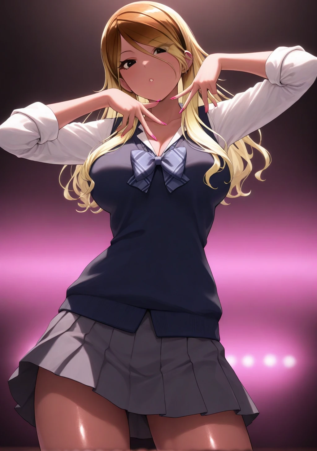 best quality, intricate detailasterpiece:1.2, best quality:1.2, beautiful, high quality, highres:1.1, aesthetic), detailed, extremely detailed, ambient soft lighting, 4K, perfect eyes, perfect face, perfect lighting, 1girl, solo, huge breasts, huge ass, huge thighs, narrow waist, wide hips, thick thighs, curvy, Oshinoko drawing, standing, looking at viewer, Ruby Hoshino, solo woman, long, golden hair, beautiful face, perfect hands, red starry eyes, detailed lighting, idol, gloves, tongue out, tongue, long hair, star \(symbol\), looking at viewer, hair ornament, :p, symbol-shaped pupils, hands up,hands in the air, jumping, mini skirt, (exposed midriff,) (underboob,) bouncing breasts, collar, blushing,sweating, (breathing hard), (panting), anime, farm, smile, huge ass, huge breasts, huge thighs, narrow waist, wide hips, thick thighs, curvy, bangs, one side up, star-shaped pupils, on stage,
