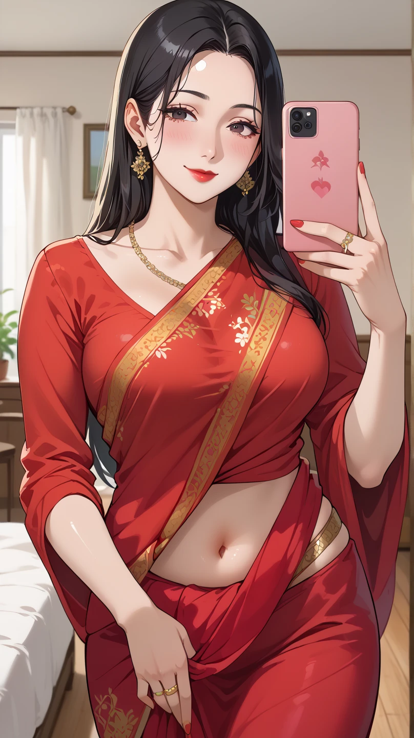 brunette wavy hair,Red Sari,black eyes、Indian elements,Brown woman、plump body shape、Cow horns on the head