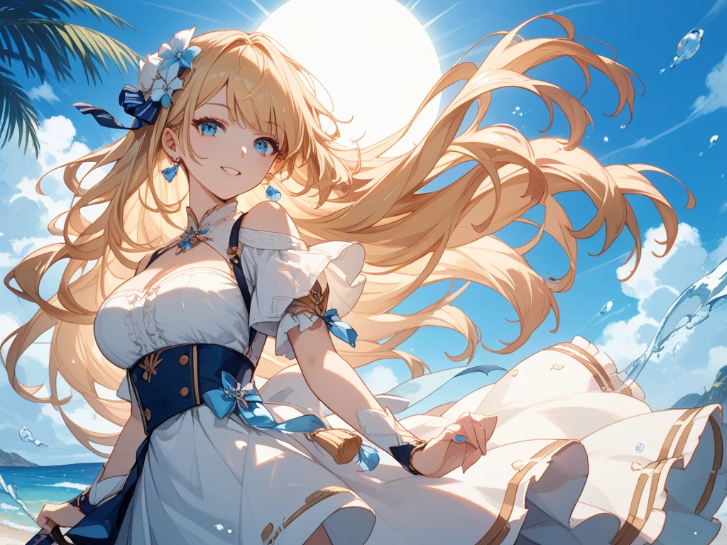 (Masterpiece, Top quality:1.5), (dynamic angle:1.2), (1 beautiful girl, solo:1.2), dynamic pose, (Blonde:1.3), medium Hair, wavy Hair, asymmetry bangs, swept bangs, airy hair, large breasts:1.2, 14 year old, (sundress:1.3), smile:1.3, blush, beautiful scene of seaside, magnificent panorama view, blurry background ,open mouth, sunset