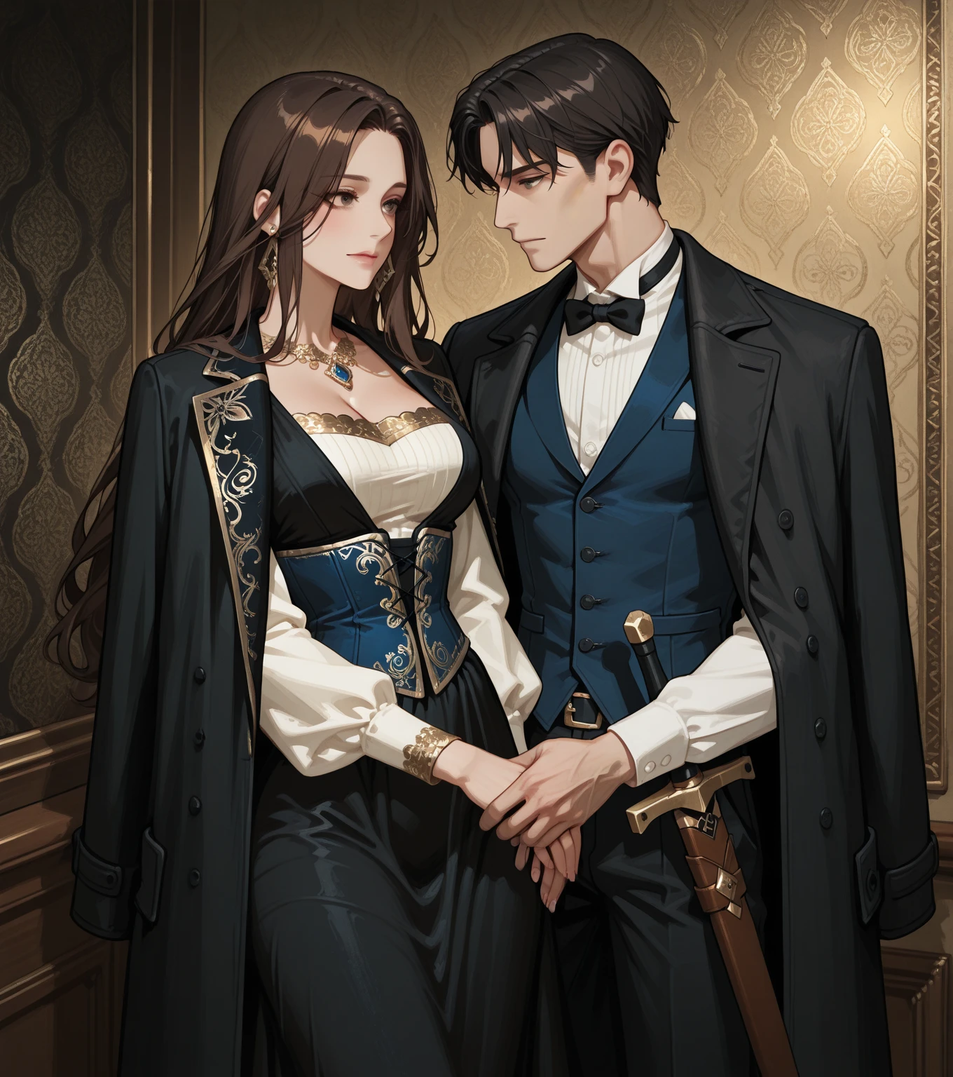 a woman with blue eyes and brown hair in a golden dress with a corset has behind her a man with black hair, a little flesh and green eyes who playfully bites her ear