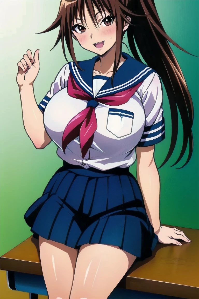 masterpiece、High resolution、high resolution、4K、8k、(((Spread your legs、Big Breasts)))、((Shiny underwear)))、Uniform Blazer、Beautiful beauty、Brown long hair、((whole body))、(((Photo taken from below)))、School、classroom、Large Breasts、Big Breastini skirt、The color of the pants is black、Japanese、tall、Long limbs、18-year-old、Satsuki Kitaoji、A beautiful nose like a model、Put one hand on your hip、Natural smile、Sexy pose、Hairstyle: Ponytail、Beautiful belly button、Beautiful legs、Attractive thighs