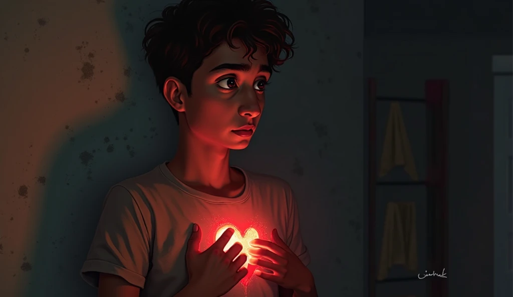 A boy sits with his heart out. His eyes are watering.