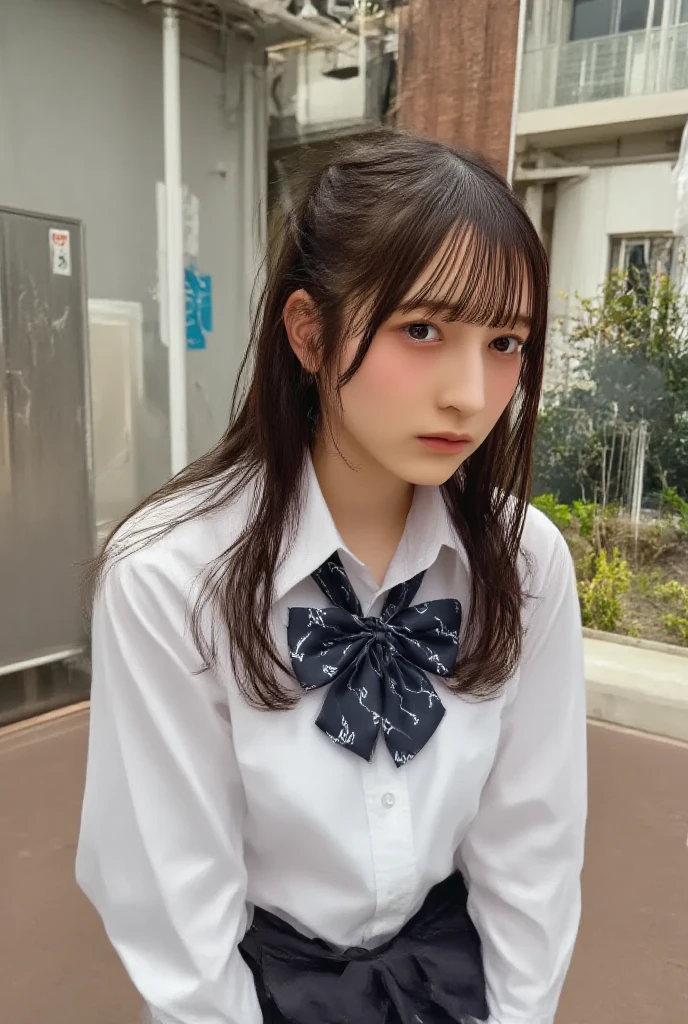 The image features a young woman standing against a plain, light background. She has long, straight dark hair styled into two buns on the top of her head, with some strands left loose framing her face. Her expression is neutral, with a slight hint of curiosity or attentiveness. She is wearing a short-sleeved, white, button-up shirt that is tied above her navel, revealing her midriff. The shirt has a single pocket on the left side, adorned with a navy blue tie that complements her attire. Below, she wears a light blue pleated skirt that falls mid-thigh, completing a school-uniform-inspired look. The lighting is soft and natural, coming from the left side, creating gentle shadows and highlighting the details of her outfit and facial features. The overall atmosphere is calm and minimalistic, focusing on the subject with no distracting elements in the background.
