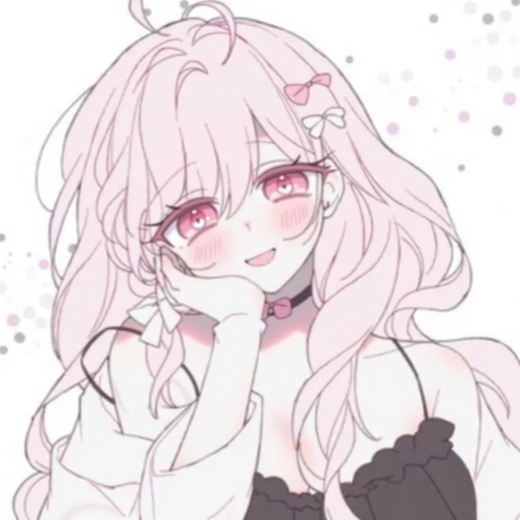 IMVU, pink hair, pink heart eyes, white round glasses, pale skin, white and pink cow ears, white horns with pink bows, fuzzy white jacket with pink spots, pink cowbell choker, kawaii, soft, high quality, masterpiece, 8k