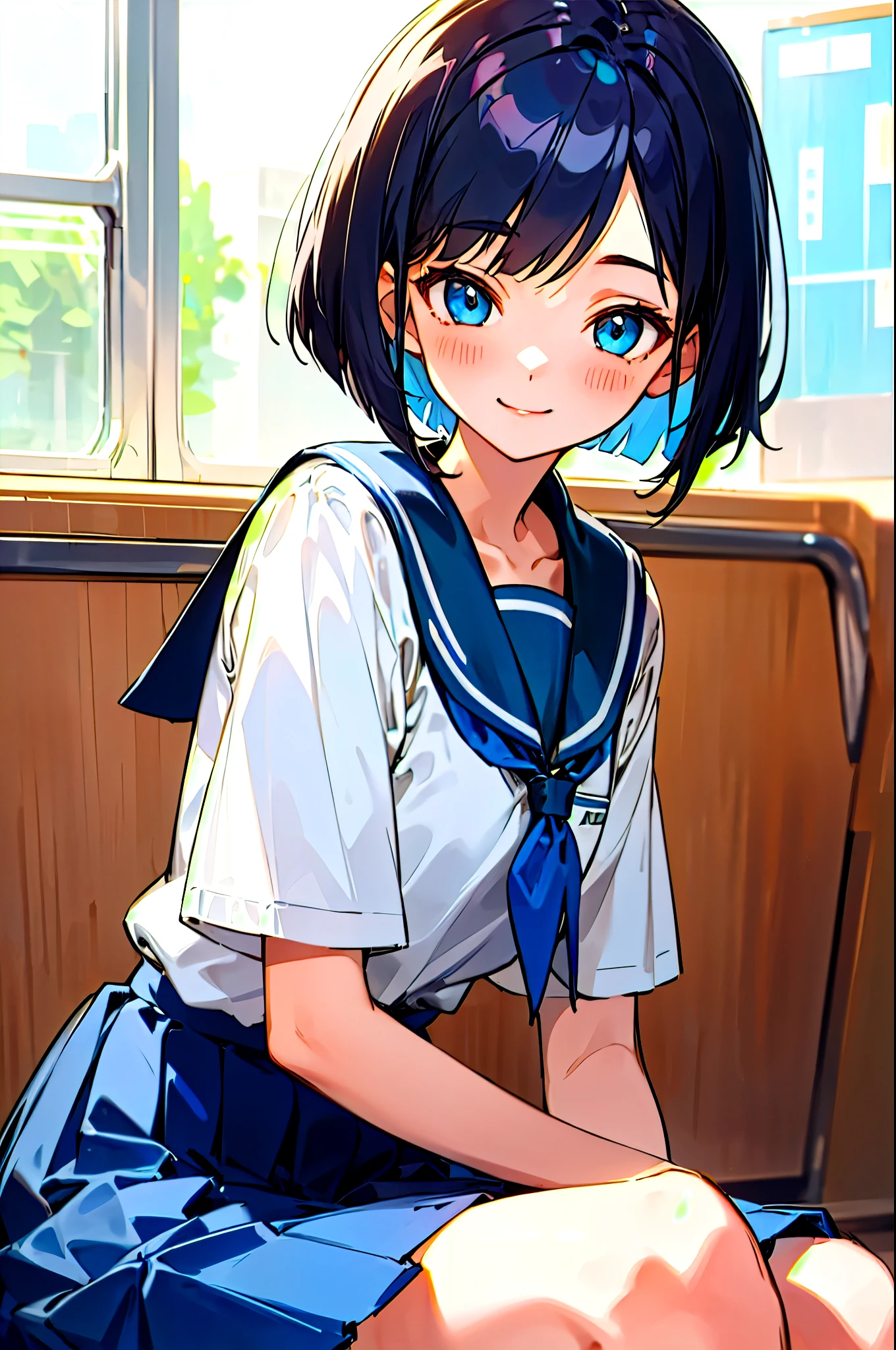  1 girl 、shiny black hair、short bob、has a gentle and gentle expression、Delicate Portrait、school uniform、sit、cowboy shot、smile、blue skirt、interior