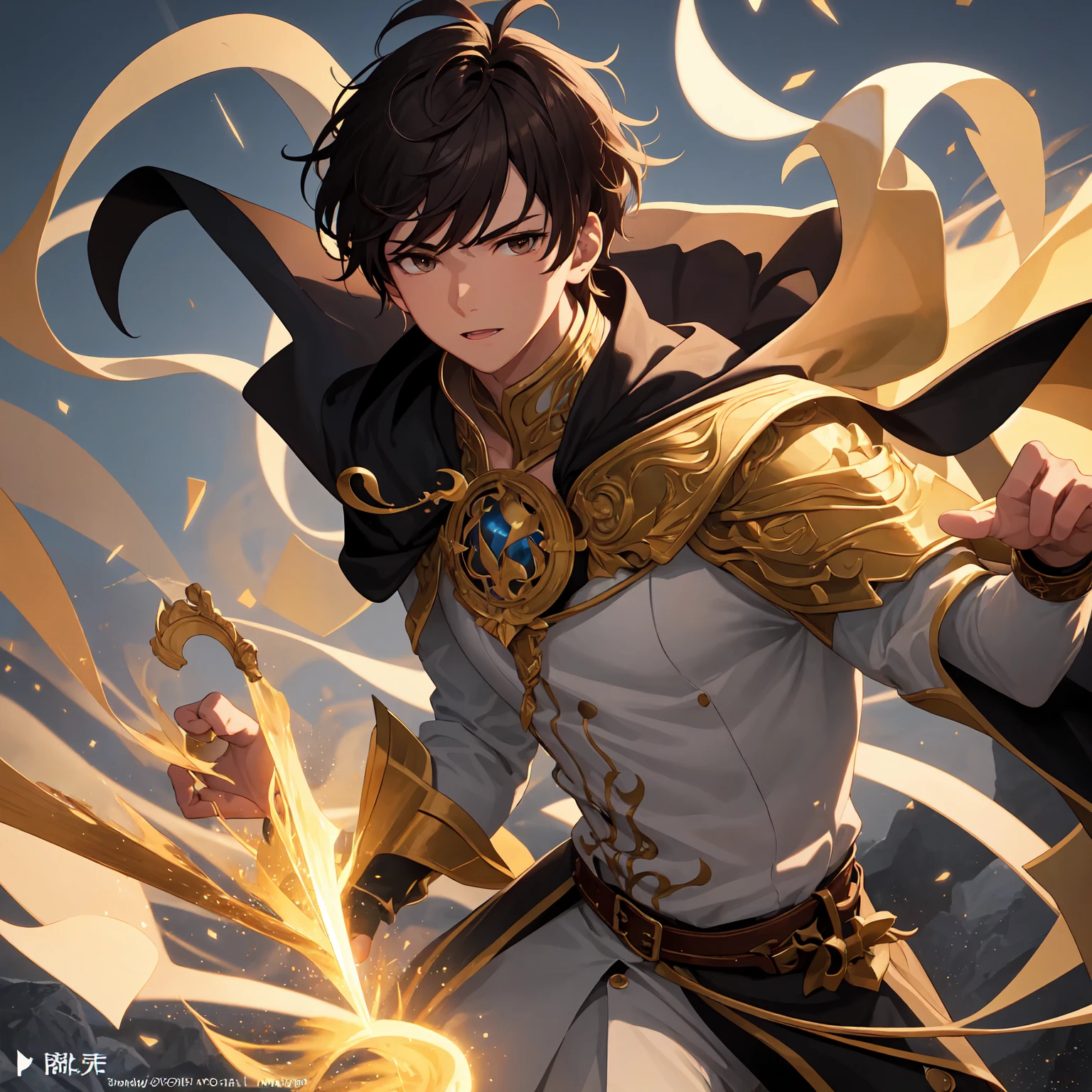 Create a boy, a 10 year old  who has a golden bucket on his head with black hair, a gold suit and gold pants and who has an arm gifted with midas 