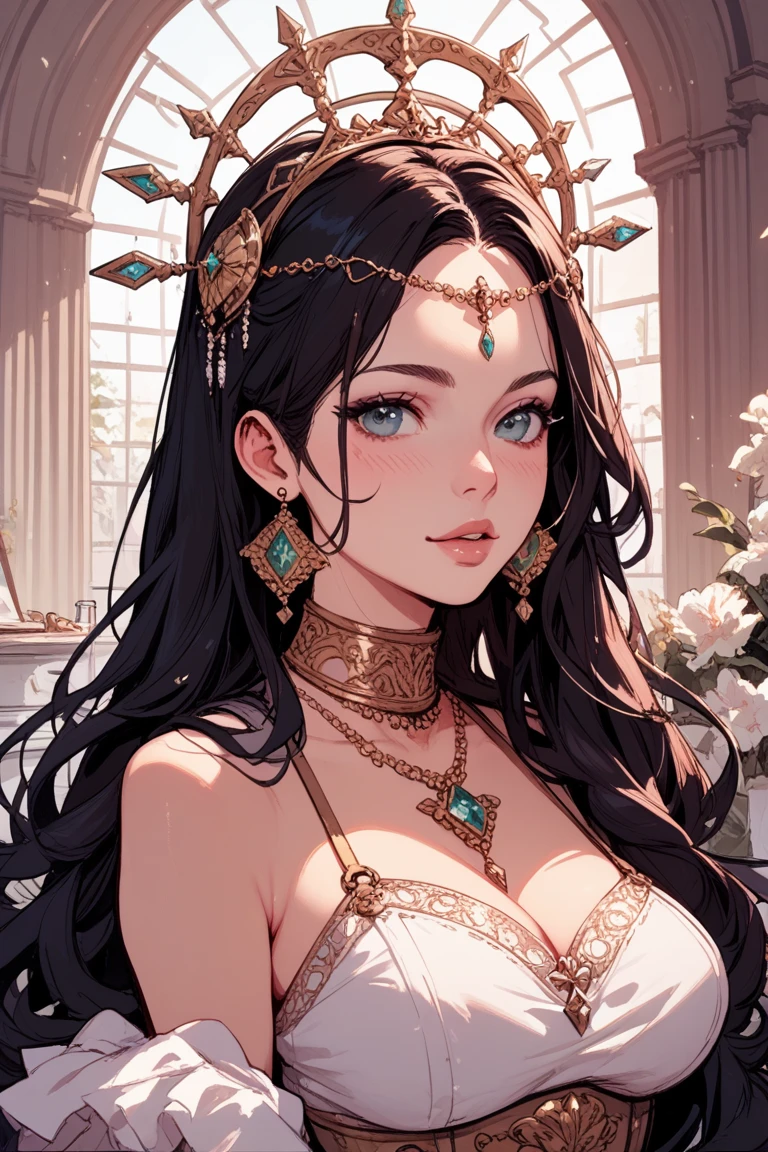 1girl, bust portrait, detailed face, looking at viewer, detailed hair, curly hair, full lips, detailed eyes, intricate jewelry hat, blush, detailed skin, shoulder, drapped dress, sideboob, soft lighting, (realistic, photorealistic), masterpiece, highest quality, hazel eyes, black hair, earrings, parted lips, smile, art nouveau,