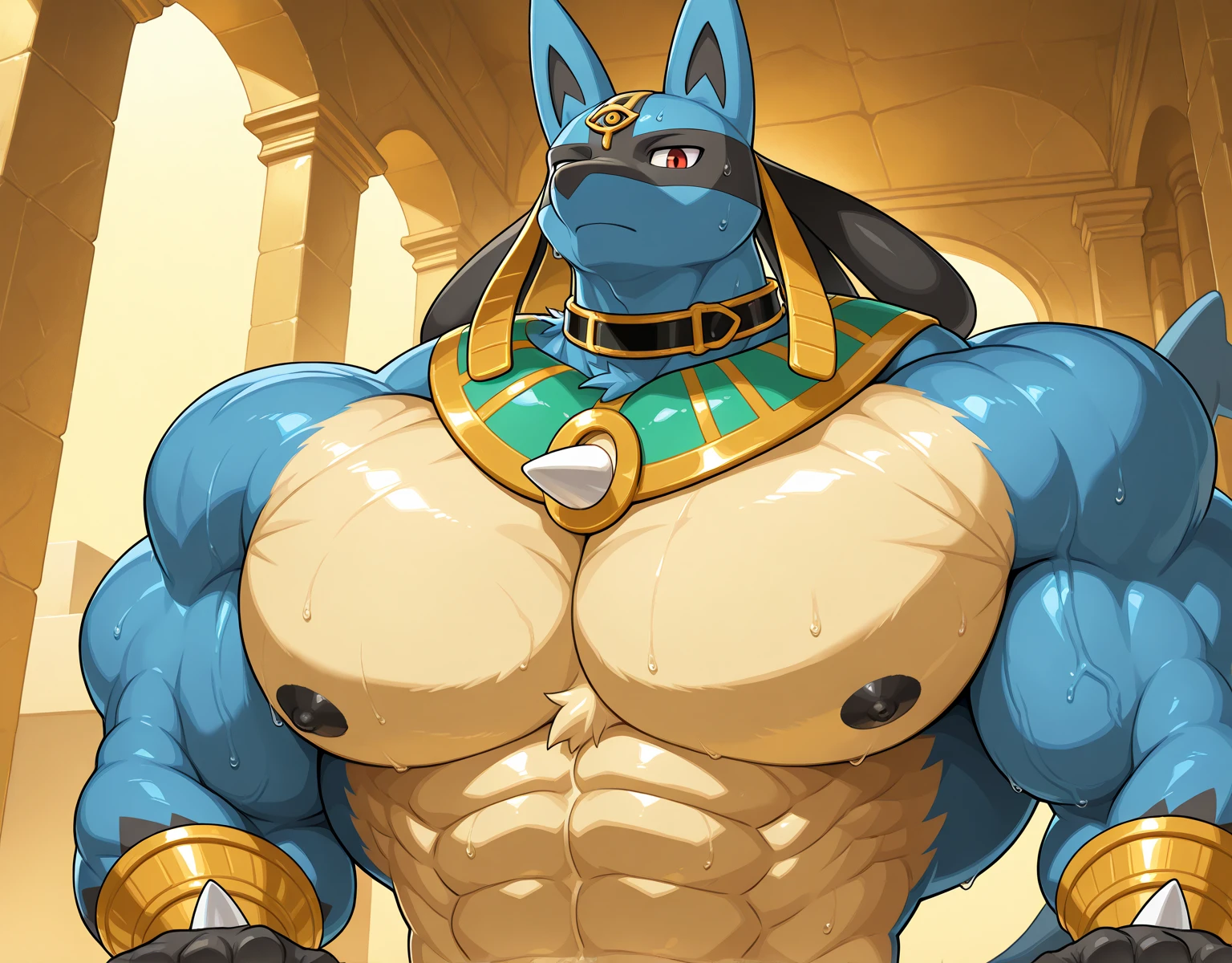 Hunk, alligator, Egyptian god, sobek, white cloth around hips, subtle bulge, rape face, arms reaching forward , low angle, dominant, , pinning the viewer to a wall