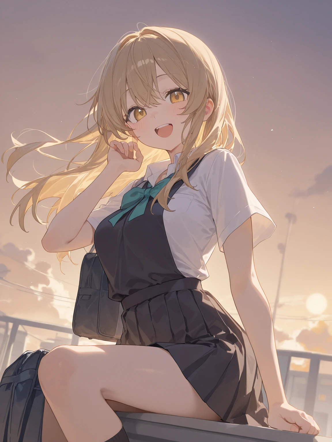 standing, 1girl, sunset, sleeveless, miniskirt ,blush, embarrassed, sunset, outdoors, evening, grass, dusk, twilight, from below, smile, wavy mouth, real cunt,pov