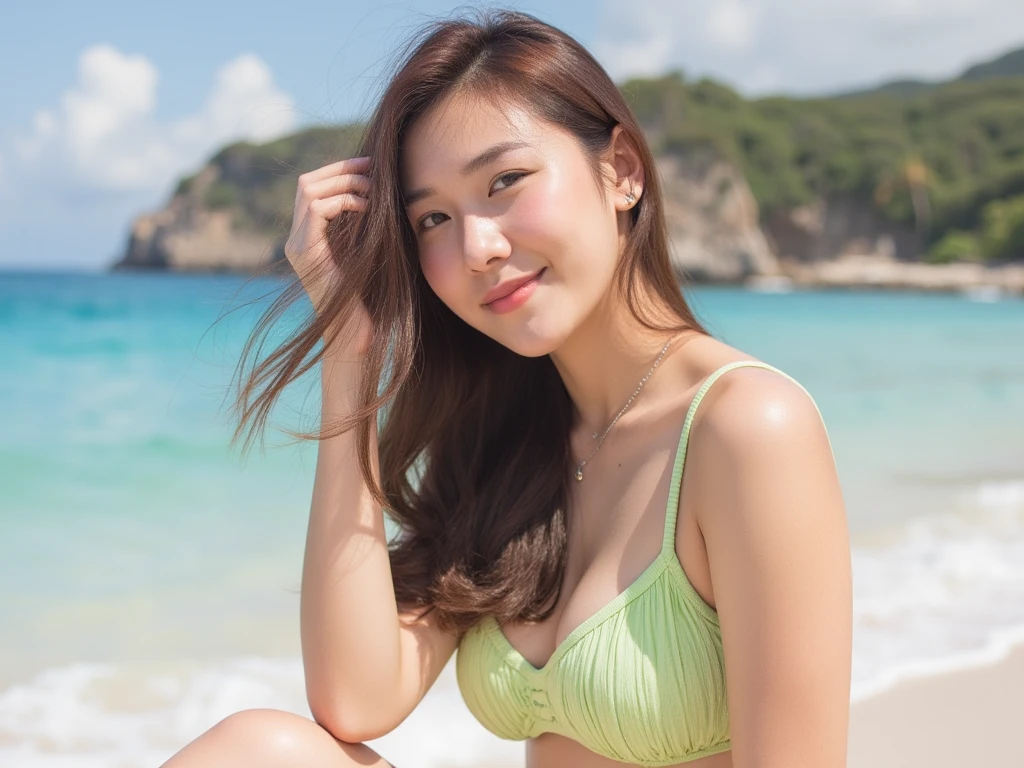 number, Ray Tracing, Radio City, Anisotropic filtration, 16,000, best quality, 1 woman, alone, Due,  beautiful young woman, micro bikini, Gradient long hair, laugh、sunset、((big breasts )) , Beach with beautiful sand  (Stand and bend over your thighs.)
