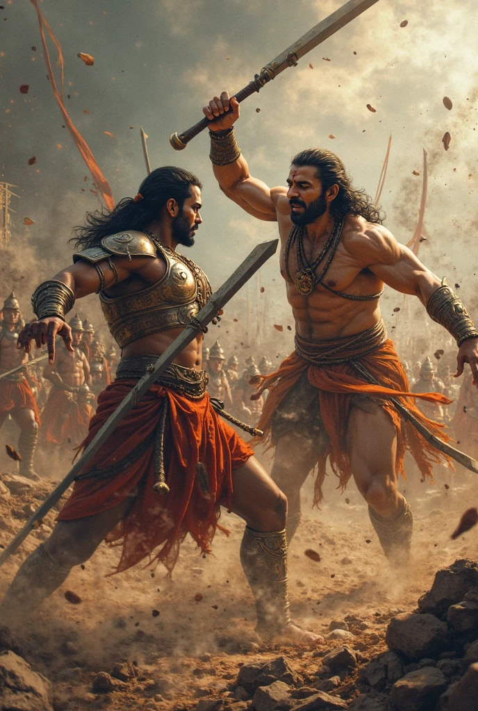 indian muscular warrior was able to hit several blows with his sword on britishers caption chest. He was about to kill him when Captain british turned up.