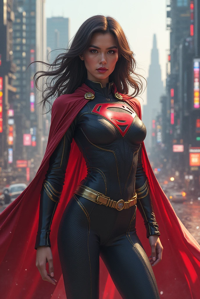 photo of beautiful (jaderamey:0.99), a woman with beautiful hair, as (a superhero:1.1), (standing on a building roof), (night city lights in background), natural skin texture, (sexy superhero outfit), (trousers), 24mm, 4k textures, soft cinematic light, adobe lightroom, photolab, hdr, intricate, elegant, highly detailed, sharp focus, ((((cinematic look)))), soothing tones, insane details, intricate details, hyperdetailed, low contrast, soft cinematic light, exposure blend, hdr, faded, (painted lips:1.1), ((looking straight at the camera:1.1)), (perfect waist), (windblown hair)
