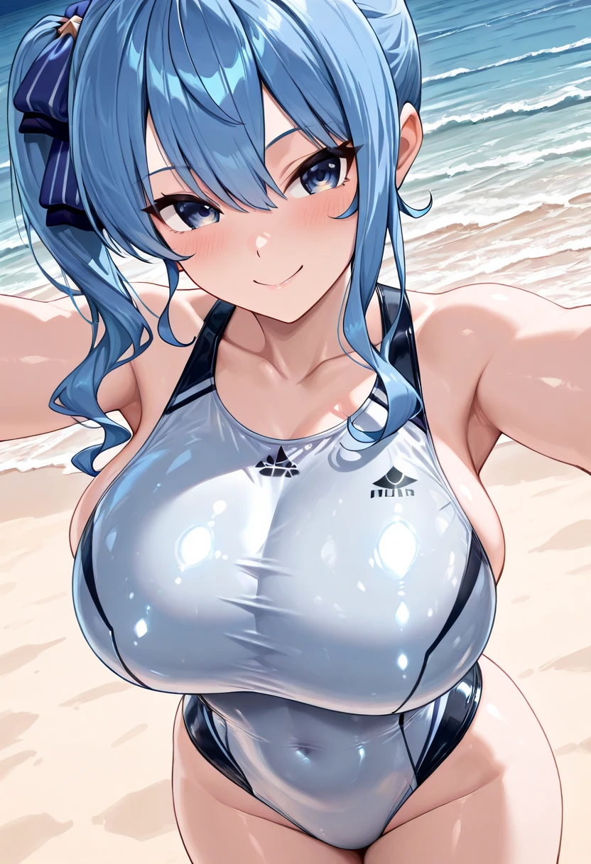 1girl, light blue hair, blue hair, very short hair, one eye closed, purple eyes, large breasts, thick thighs, hourglass figure, cute face, light smile, beach, one-piece swimsuit, competition swimsuit, ((competition swimsuit)), blue one-piece swimsuit, red trim