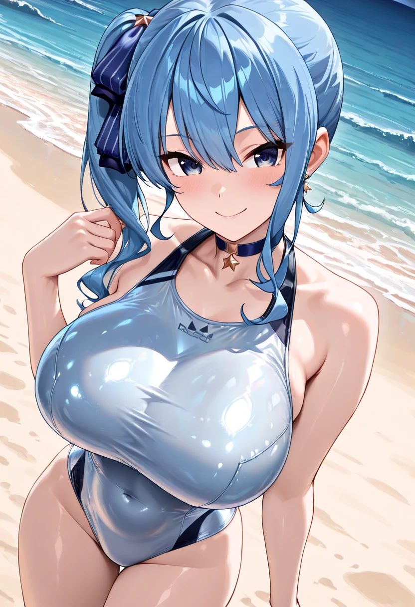 Being at the seaside,Embarrassment,Woman,Blue Bikini,silber hair,de pele branca,Blue eyes,