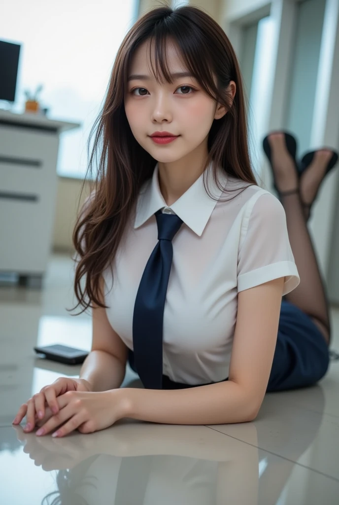 ((of the highest quality, 8K, masutepiece: 1.3, Raw photo)), Sharp Focus: 1.2, (1 AESPA Girl :1.1), Solo, (Realistic, Photorealistic: 1.37), (Face Focus: 1.1), Cute face, hyperdetailed face, short messy hair, Small Smile, small breasts, flat chest, nude, business shirt, chiffon skirt, office room, sitting, thigh