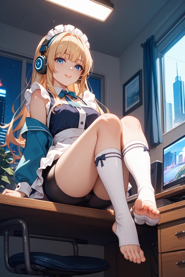 score_9_up,score_8_up,score_7_up, A girl lounging in her bedroom, a PC monitor turned on, a gaming chair, a cluttered room, fetal position, Sparkling,  anime coloring, (8k), detailed beatiful face, detailed beatiful eyes, detailed beatiful hair, perfect body, perfect hands, dynamic pose, dutch angle}, , looking at viewer, 20-year-old woman, miku nakano, long hair, bangs, blue eyes, brown hair, shirt, hair between eyes, cardigan, headphones around neck, mature female, medium breasts, skirt, shirt, long sleeves, white shirt, pantyhose, pleated skirt, black pantyhose, cardigan, green skirt, blue cardigan, bare foot, foot focus, from below ,anklet, chalkboard, shiny skin, pale skin, colored toenails,