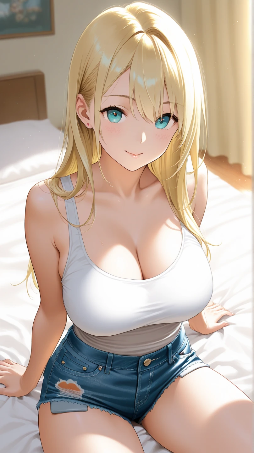 最high quality、Best image quality、masterpiece、With a girl((cute、16 years old、Best Bust、Medium Bust、Beautiful Blue Eyes、Spread your chest wide,Blonde、Slender、The best valley、Blue Tank Top、Blue trousers,Show the whole body、Blue Mesh,swim,smile)）high quality、Beautiful art、background((summertime、large room、cooler、Fan、See-through curtains、White bed、A large number of books)),Tabletop、Exquisite design、Visual Arts、Depth of written boundary、Best lighting、Highest detail、8ｋ