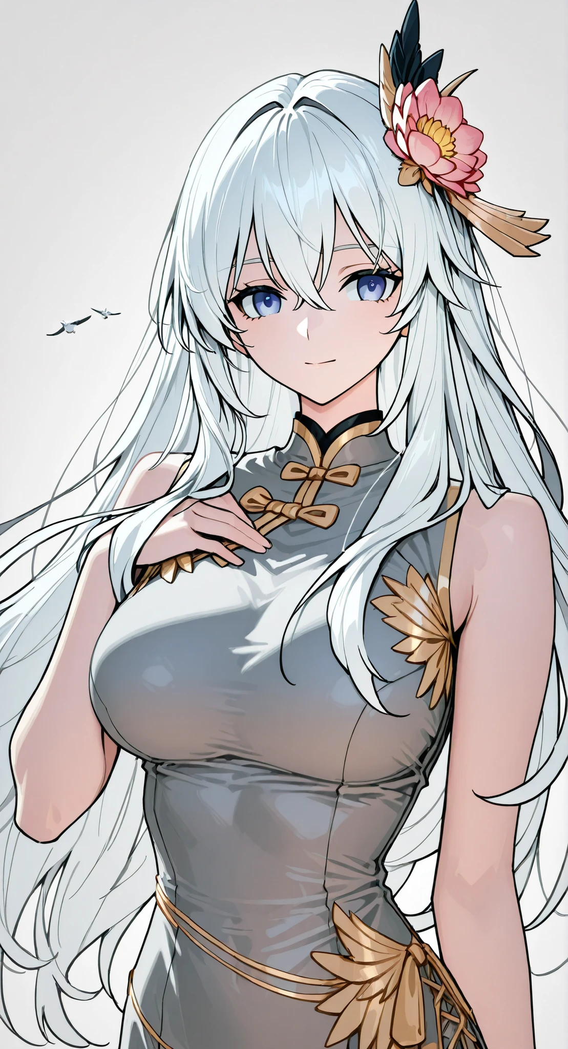 anime girl Picture of a woman with long white hair and a flower in her hair, Gray Hairの deity, Anime Goddess, Gray Hairの, Gray Hairの lady, Gray Hair, Portrait of a girl in the Knights of the Zodiac, Haise Jinyao, Genshin、Keking, White fox, Full Body Senxia , Female Anime Characters Who Collect Their Boob With Both Hers, Picture of a woman with long white hair, perfect Gray Hairの girl,beautiful breasts, Slim waist,sleeveless china