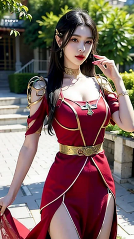 (8K, Highest quality:1.2)、masterpiece,High resolution, (Skin Texture:1.1), Highest quality, 超High resolution, Perfect Face、(Realistic: 1.4), RAW Photos, (((Big Breasts)))、((Cleavage))、Voluptuous body、(((Japanese Idols)))、Red and white outfit、 Beautiful Knight, small silver tiara, Cape, Perfect breasts, Perfect body, (((On the battlefields of ancient Europe.))), (Highest quality, 4K, 8K, High resolution, Tabletop:1.2), Super detailed, (Realistic, Realistic, Photorealistic:1.37), Royal, Enchanting, Soft lighting、Nikon D850 film stock photos, F1.6 Lenses, Rich colors,  (((The thighs are covered with iron armor..))) (((Iron bustier))), (((Large Breasts))), (((A large castle in the background)))、 (Ancient fantasy soldiers),(Ancient soldier armor),Combat Accessories,breastplate、Long skirt、Knee-high boots、garter belt、looking at the camera、Hair blowing in the wind