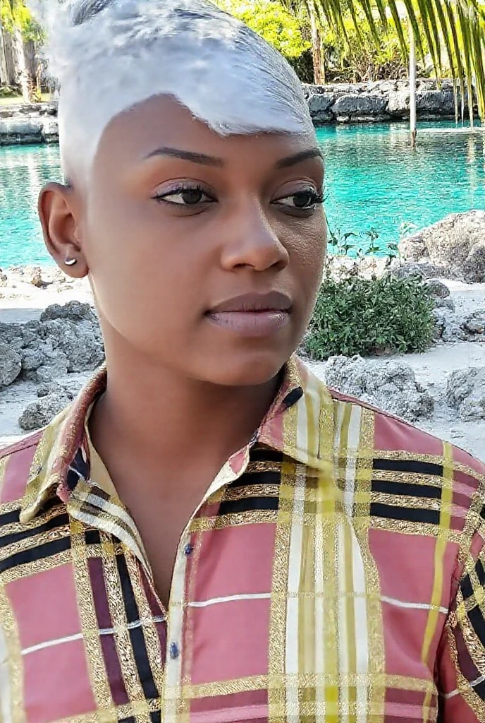 In a lively beachside bar setting, a young Indian woman with a bald head is seated comfortably, wearing a stylish swimsuit. She has a contemplative expression as she gazes at the ocean visible from the bar. The bar atmosphere is vibrant, filled with the sounds of the beach and people enjoying the sunny day. The setting emphasizes a mix of relaxation and the woman's thoughtful mood, as she enjoys the beauty of the beach in her casual, yet fashionable, summer attire.
