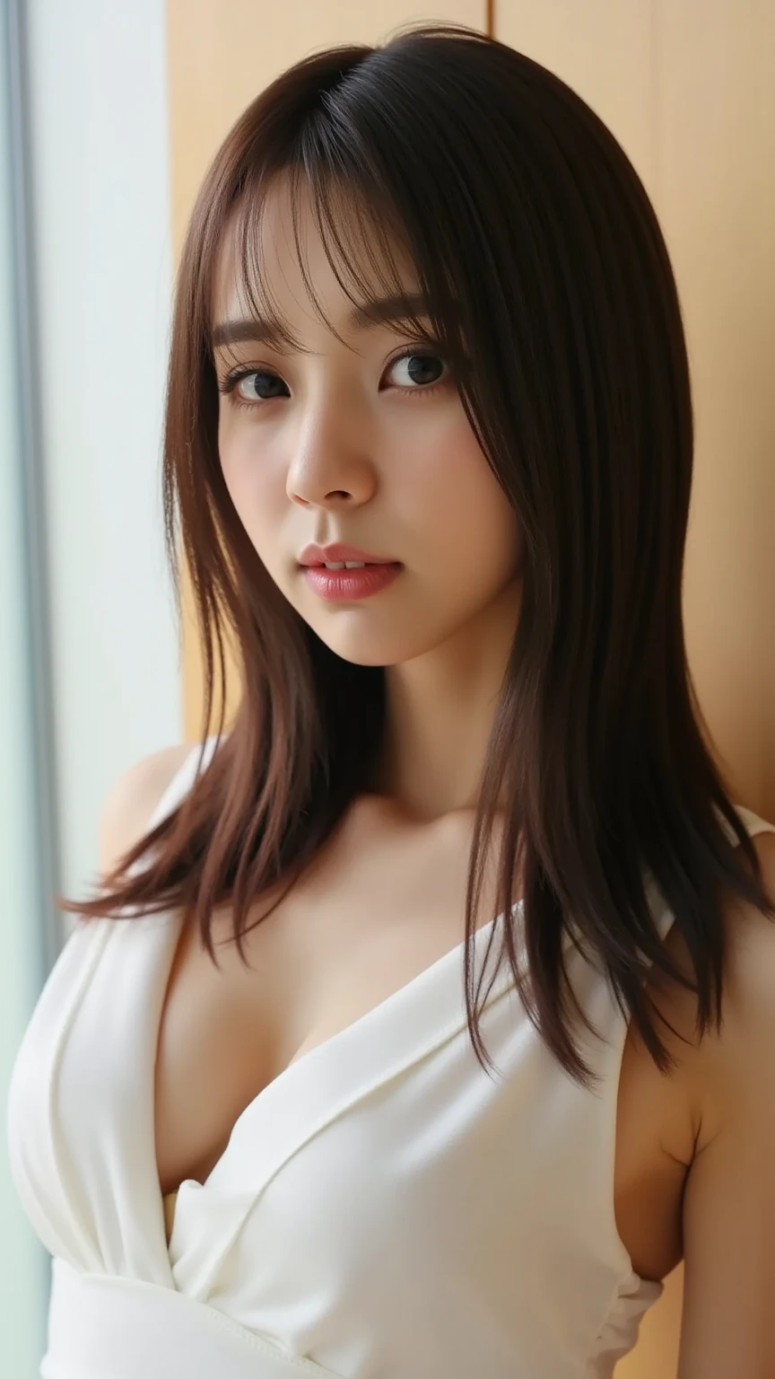 masterpiece, best quality, ultra-detailed, extremely detailed, 4K, 8K, best quality, beautiful, bokeh feeling, a pretty woman, japanese woman, solo, office, building, (((esthetician))), (highlights hair), beautiful brown eyes, beautiful eyes, long hair, large breast, ((the look waiting for a kiss)), exposed cleavage, (almost showing nipple), (hands on chest), sexy poses,
