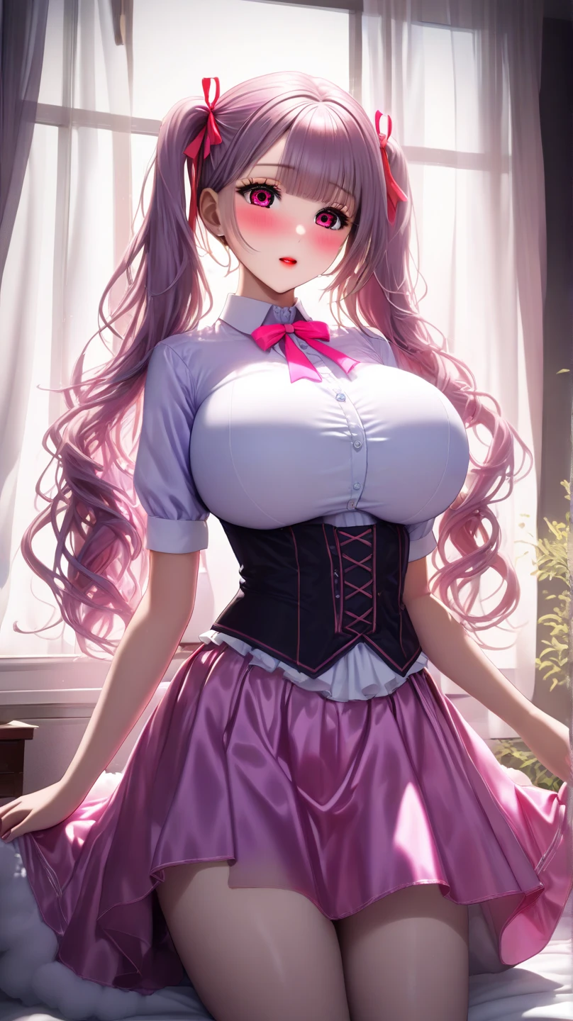 big breasts ((1 beautiful elf)) ((fuchsia wavy hair)) Chest shot, extremely sexy body, beautiful school uniform, Incredibly beautiful, white colors, wear white beautiful lace stockings, fantasy elements, magic school, art delicate line, shy smile, sexy, nsfw