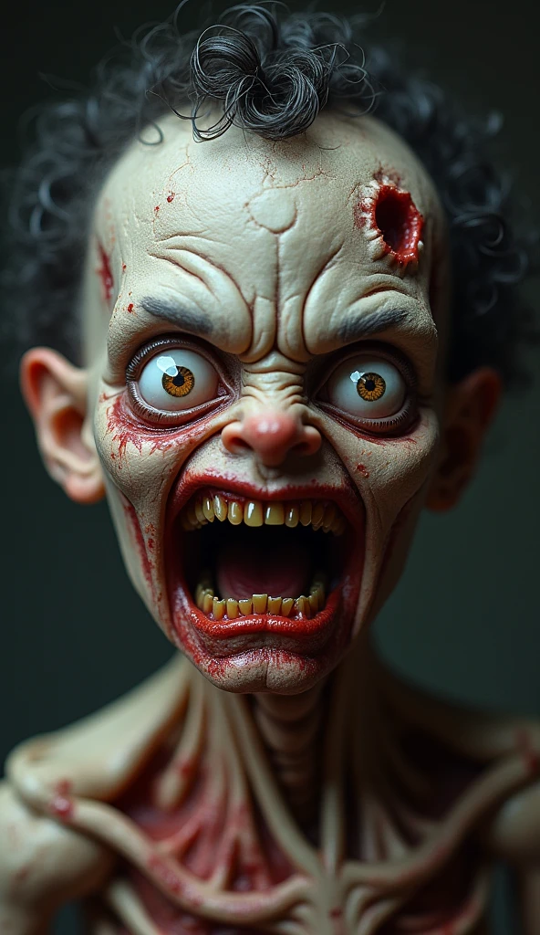 I want a character with a grotesque and terrifying appearance. Here I detail their features:
1. hair: Messy and dark colored, made with materials that look like paper or fabric, giving it a scruffy and unkempt appearance.
2. eyes: Only has one visible eye. This eye is big, of a yellow tone, with a fixed and penetrating expression. The other eye is absent, leaving a bleeding hole where it should be, with details of exposed flesh.
3. face: The skin is pale, with dark, bloody stains spreading around the wounds. The eyebrows are outlined and slightly arched..
4. nose: It is small and triangular in shape., located in the center of the face.
5. boca: Part of the mouth is destroyed, showing sharp and bleeding teeth. The rest of the mouth has a neutral expression., but the exposed part reveals a serious wound that highlights its sinister appearance.
6. barba: Has light facial hair, with a shadow of a beard that is barely noticeable.
7. CLOTHES: He wears a red and black checked shirt, which contrasts with the paleness of her skin.
In general, the figure has a creepy appearance, with several open wounds exposing his flesh, giving it a monster or zombie look.