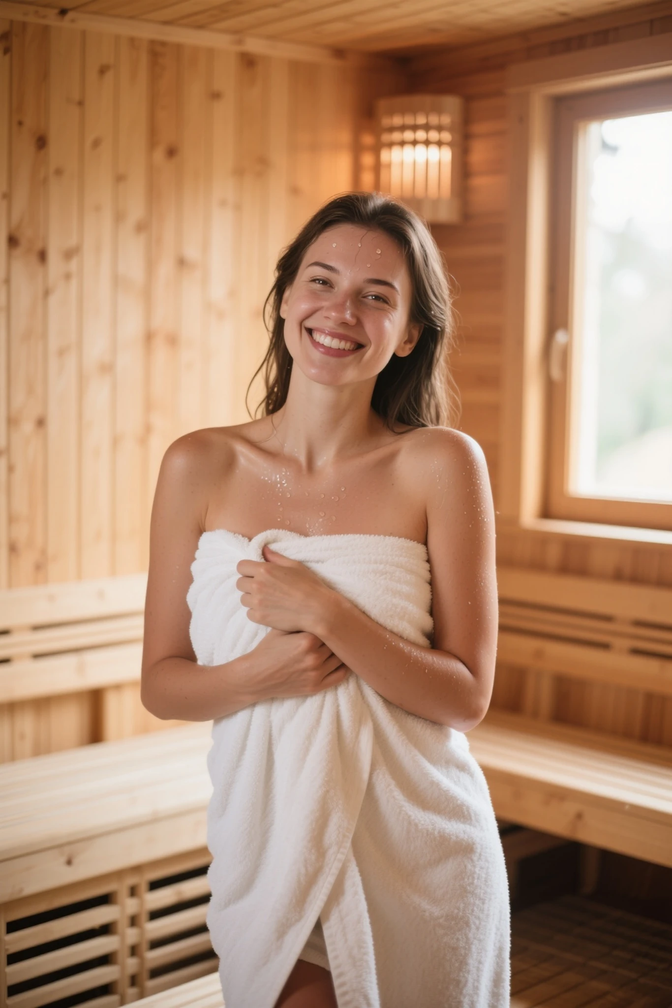 Sexiest towel wrap, She wraps herself in a towel after a shower, Different model poses, Attractive body, Professional photography, Perfect Face, Fine grain, Big Plans, In the sauna bath, session, Captivating looks