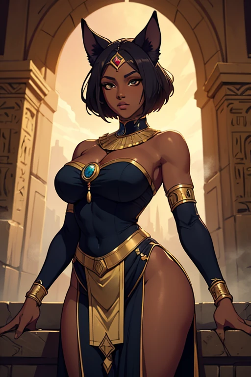((Oak_studio)), Beautiful full-bodied black woman, 30 years, egyptian wife, Egyptian decorations, muscular and perfect body, ((back)), Head covered with an Egyptian headdress, dark skin, shiny from oil and sweat, Sphinx warrior with little clothing, Tiny thong for older men, metallic snake-shaped bra, which only covers a small part of the large breasts, Egyptian Tattoo, arms covered by Egyptian decorations, big , covered by strips of fabric, generous neckline, holding a bloodstained spear, brave face, Kingdom of Darkness, sexy Pose, Hiking in a desert, Pyramids in the background Waiting for the start