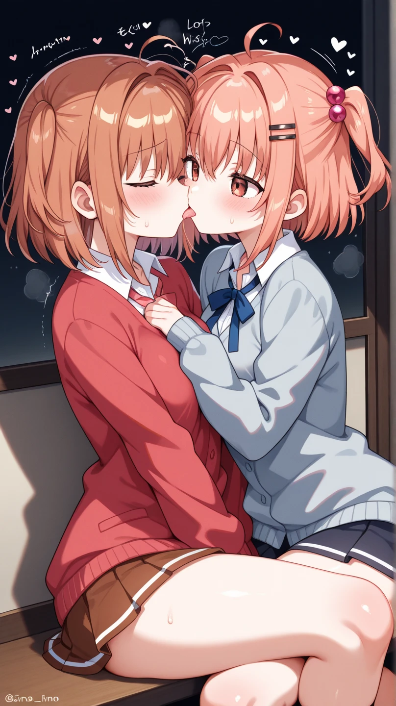 masterpiece,ultra detail,best quality,2girls,against wall serafuku,navy plits skirt,side view,girl pinned against wall,hug,kissing,NSFW,huge breasts