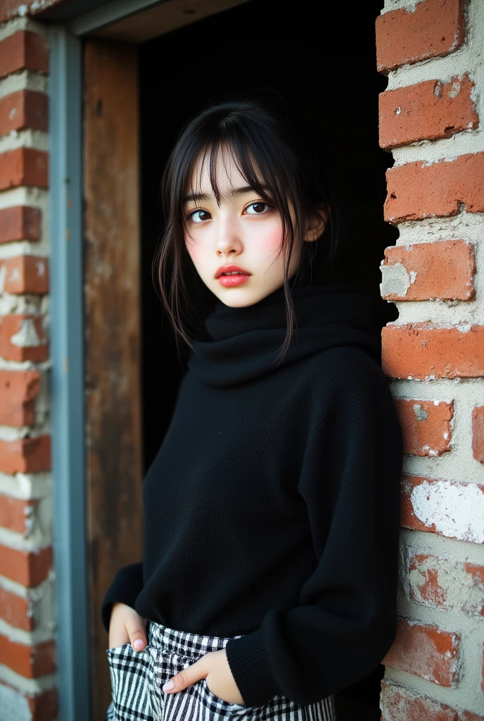 ((best qualityer)), ((work of art)), (detailded),cute japanese,((1girl)), 18-years old, ((porcelain cut white skin)),BLACK eyes,(black long wavy hair with bangs),black cat ear ,((flushed skin)),,(Alone), (a detailed full-body RAW photo of a girl), (Artwork: 1), (best quality: 1.4), (Ultra high resolution: 1.2), (photorealistic: 1.4), 8k resolution, Canon EOS R5, 50mm, Absurd, ultra detailed, sharp focus, cinematic lighting, Detailed Beautiful Face,wearing a beige sweater, sweatpants,((red cap)), looking out the window at the rain falling,(rain down in the Windows),rainy day