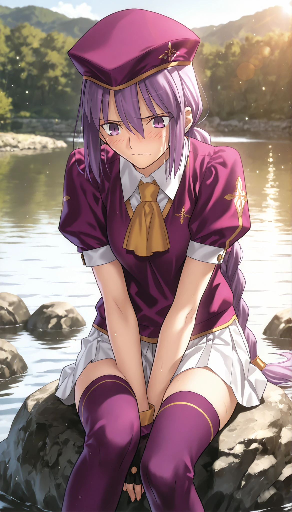 masterpiece, , absurdres, highres, detailed background, high resolution, masterpiece, necessary, detail, best quality, quality, necessary, details, High details, Precise, 8k outdoors, (colorful light particles, powder light, lake ), day lens flare, blurry background, from above,
1girl, Takeuchi Takashi (type-moon,tsukihime) style, takeuchi takashi style, (aged up:1.5),(bent over), sitting on rock, long thighs, ,(arms between legs), (panicking, scowls, light embarrassed),
girl, (slender body, slim arms, slim bod), (Sion) Eltnum (Atlasia) ,sion eltnam atlasia,(fate), purple hair , purple eyes, half-closed eyes, tsurime, hair between eyes ,long bang, long hair , braided hair , braided ponytail , yellow ribbon , EltnumOutfit ,small breasts, light purple sweater ,puffy short sleeves, collared undershirt , white undershirt , undershirt , yellow ascot ,(short sleeve), ,white skirt ,miniskirt, gold trim ,purple thighhighs ,single glove ,fingerless glove, black glove ,dark purple beret, looking down,(small breasts), knee up, ,