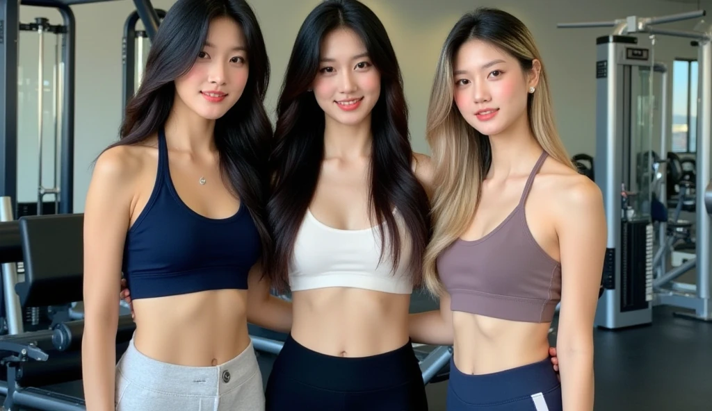 3 Korean Girls, Korean Female Models，actress ，actor， 5， Browsing Caution, In the gym，yoga clothes red，black and white, tie a ponytail, Big eyes, Tight bloomers、High leg、small open crop top ,Long legs，sexy,lthy and energetic，（To the camera，Smile happily）。Crisp pubic area
