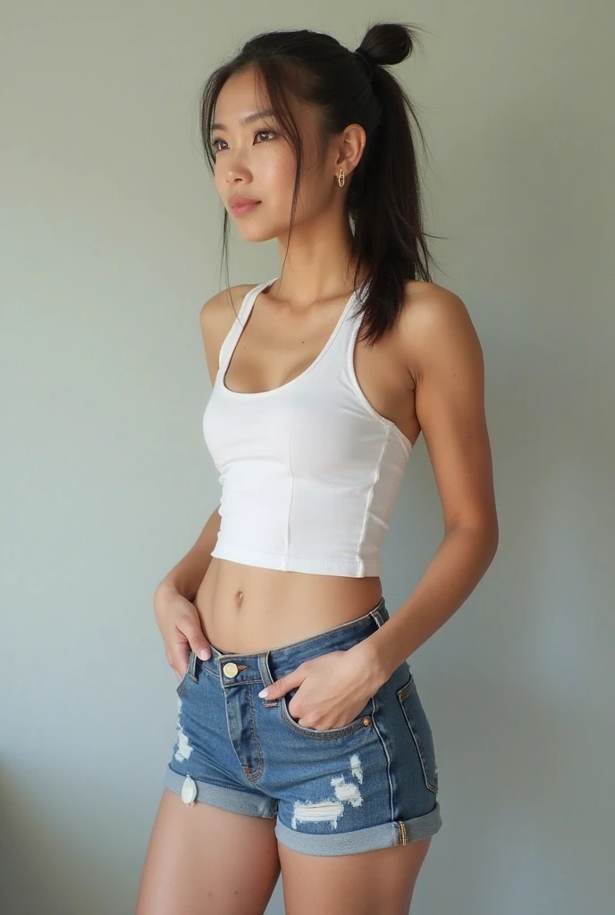 Young sweet beautiful Bogor city girl, 23 years old, thin body, slim thigh, sweet georgeus Bogor city girl face, descent mixed from sundanese and turkish, messy pony tail short black hair, walking limp exhausted open wide legs on back yard in Bogor, wearing sandals, wearing white low waist lace mini  short, realistic, no cartoon, exhausted lovely  face,   tired eyes,  sweet smiling, full all body  to the feet view, all fingers have normal shape, legs have normal couple numbers and shape, in the afternoon,  sun shining to her body through her clothes, wearing white thin tank top t-shirt, no bra, no panty, wearing glasses, just back from office,