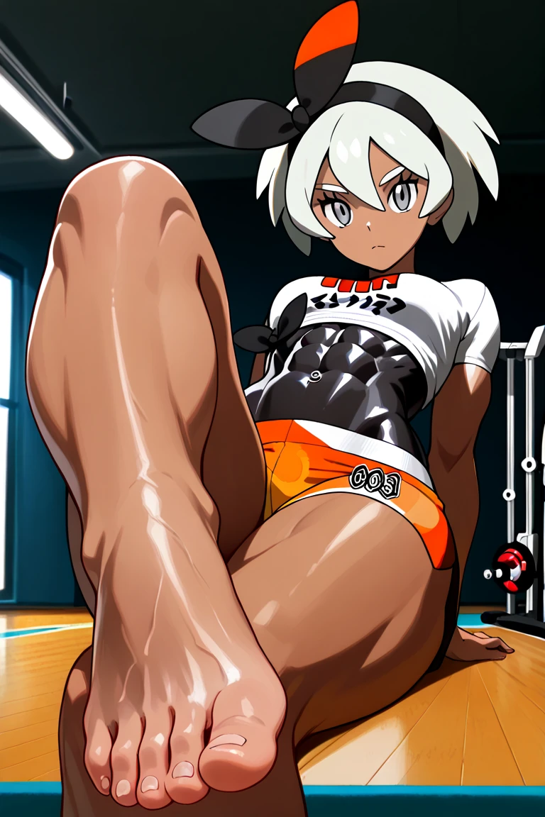 1girl, solo, pixie_cut, tomboy, tanlines, dark_tan_skin, medium_breasts, abs, slutty_expression, shark_teeth, track_uniform, high quality, high_resolution, 8k, exquisite_composition_and_lighting